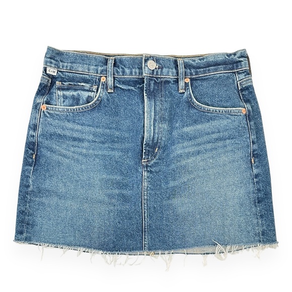 Citizens of Humanity Beatnik Mid Wash Frayed Classic Blue Denim Jean Mini Skirt - Picture 1 of 12